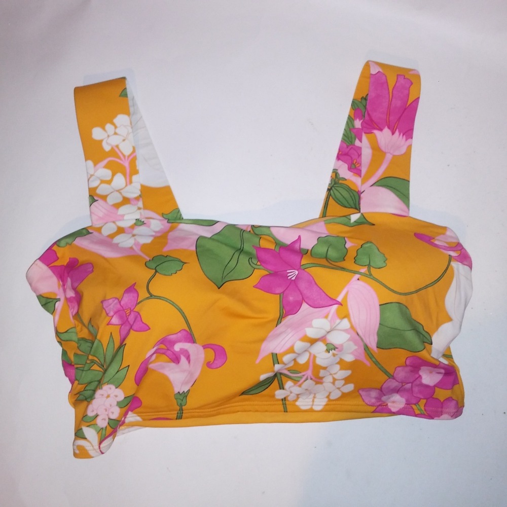Lands End Swim Bikini Top Size 16 Pink Yellow Floral Lightly Lined Wireless